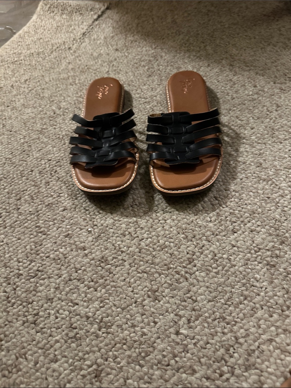 Crown Black Strappy Slide Sandals with Brown Footbed